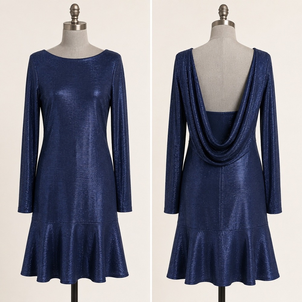 Nightway Metallic Cowl Back Flounce‎ Dress 8 Navy Blue Shimmer Long Sleeve 21851